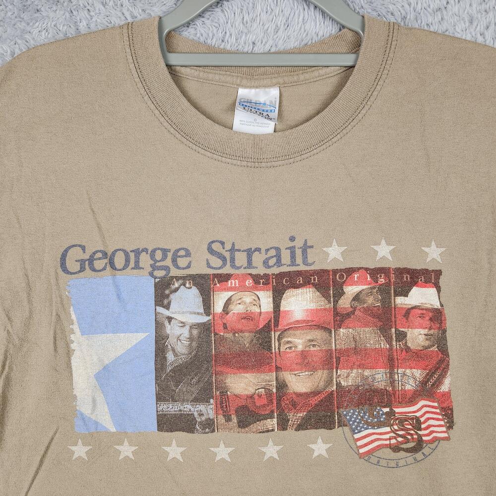Vintage George Strait Shirt Mens Large Beige Patriotic Flag Graphic USA Y2K Logo